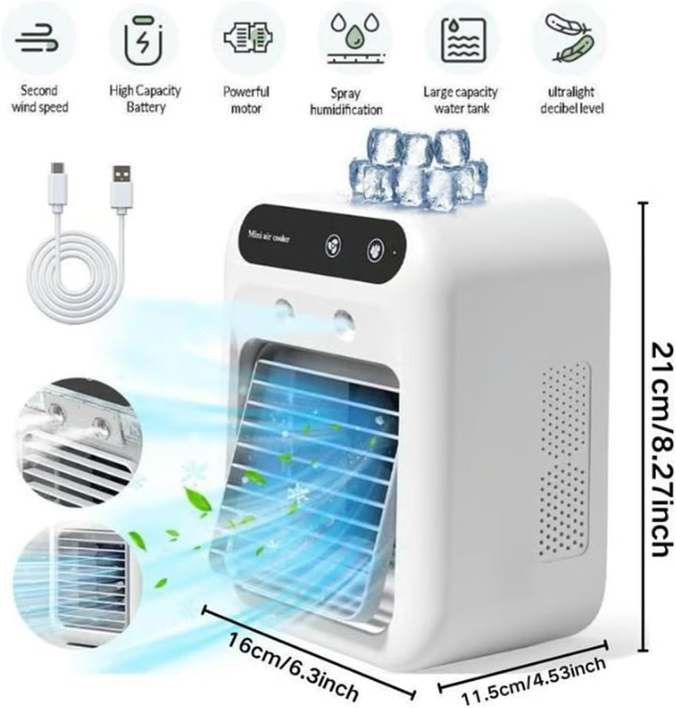 Ventilateur Rafraîchisseur D'air Portable 3 En 1 Rechargeable, Mini Climatiseur Silencieux Pour Bureau, Rafraîchisseur D'air évaporatif Personnel Alimenté Par USB (A)