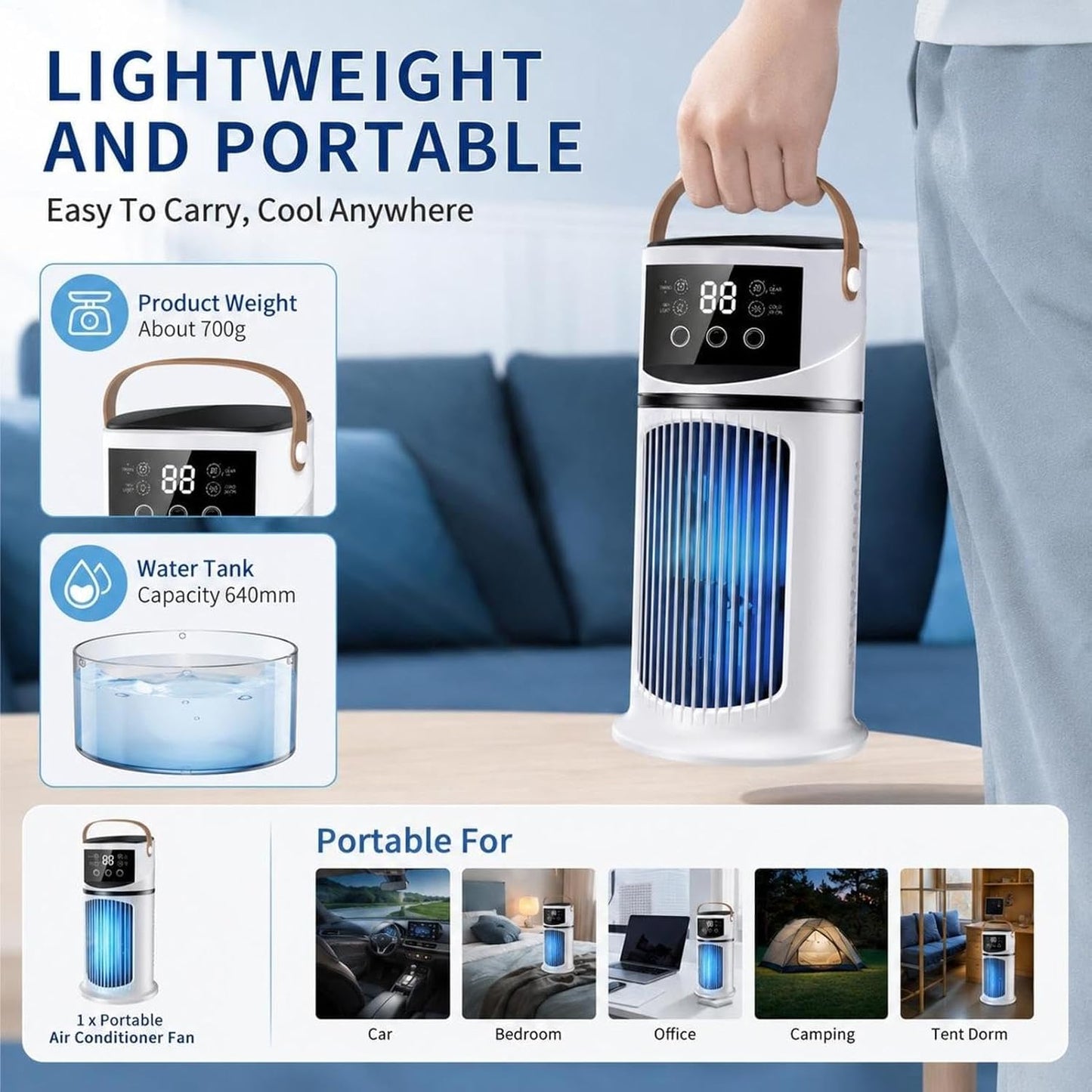 Climatiseurs Portatifs | 4 En 1 Climatiseur Portable | Ventilateur De Bureau Silencieux Rafraîchisseur D'Air | Rechargeable Par USB, Pour La Chambre, Le Bureau, La Maison