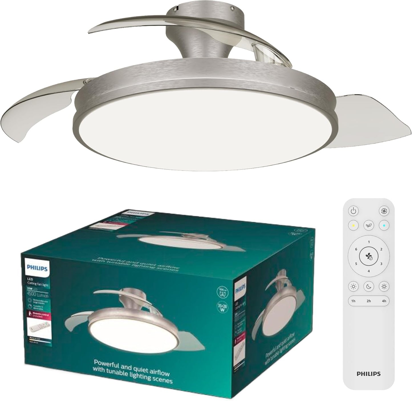 PHILIPS Solr Ventilateur à Pales Rétractables Avec LED, 3 Pales, Envergure 106 Cm, 4500 Lumens, 3 Nuances De Lumière Blanche (2700 K/4000 K/5500 K), Gradation Jusqu'à 10%, Avec Télécommande, Blanc