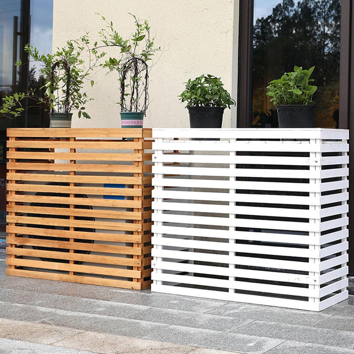 GENERIC Housse De Climatiseur D'extérieur En Bois Massif Avec Persiennes Pour Climatisation Et Support De Fleurs Décoratif Pour Unités De Climatisation, Protection Contre Les Intempéries Pour Les Espaces