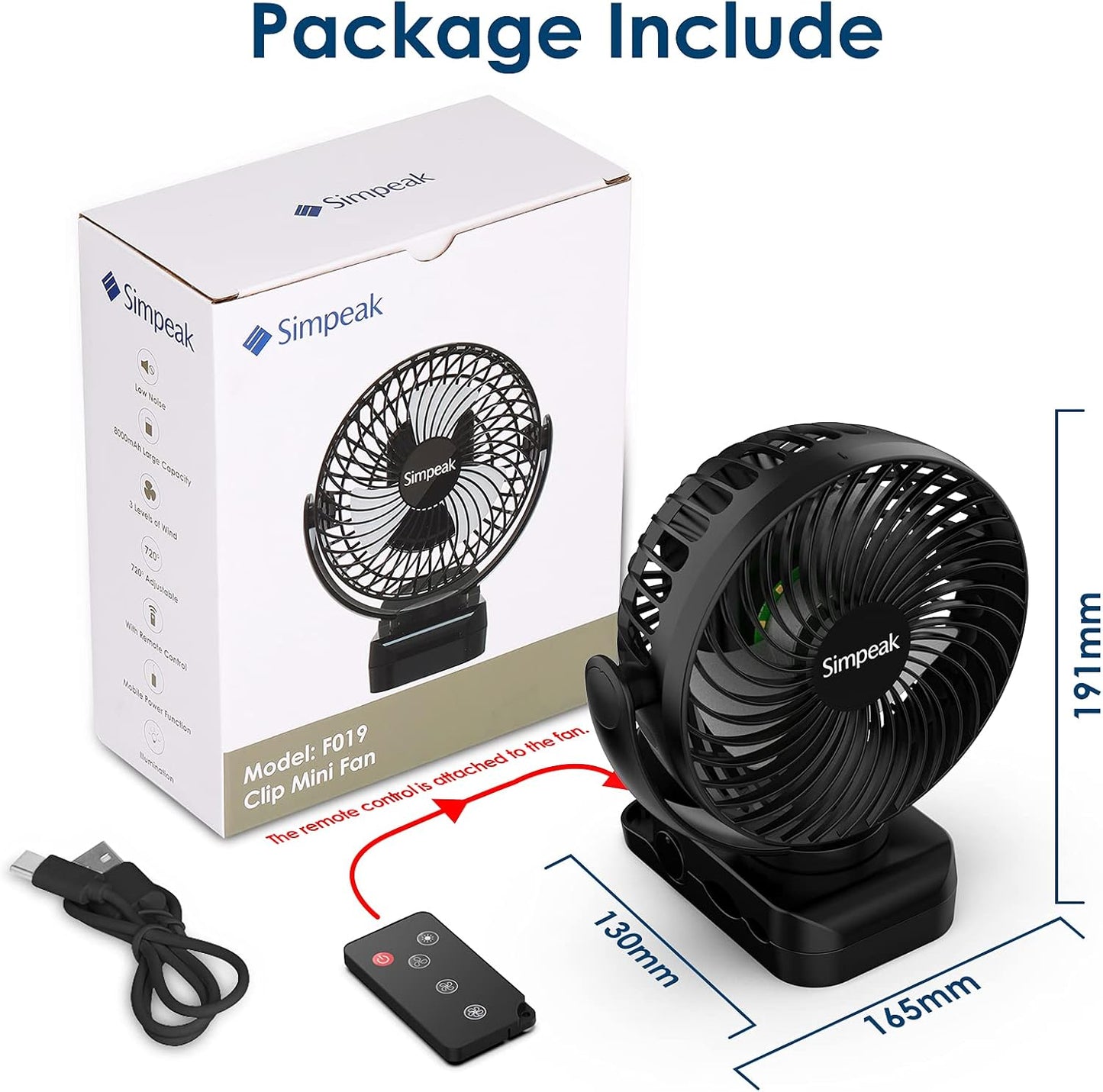 Simpeak 10000mAh Ventilateur USB Avec Télécommande Mini Ventilateur Portable De Camping Ventilateur De Table Pince Avec 3 Vitesses| 3 Modes De Lumière LED| Rotation à 720°