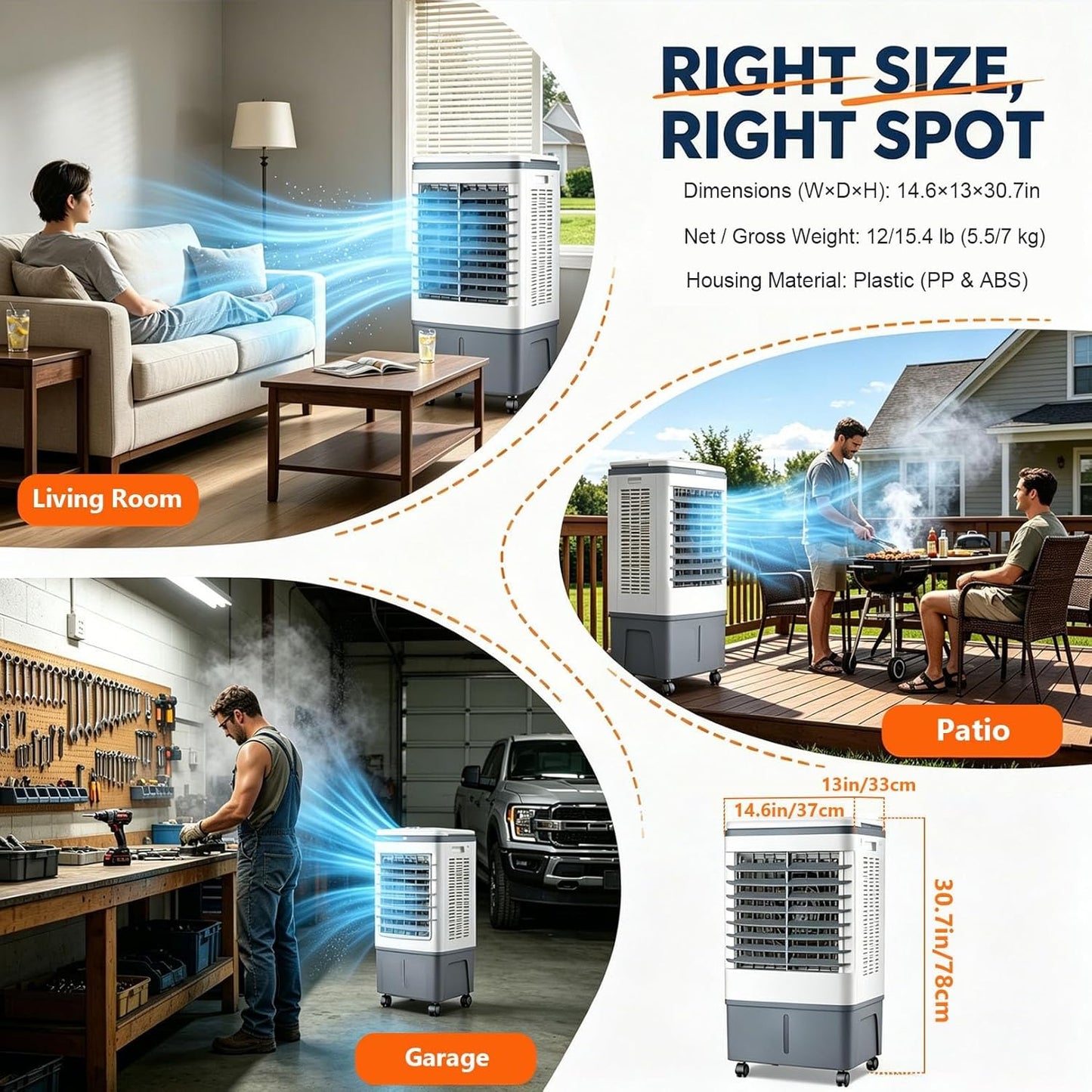 GENERIC Refroidisseur D'air Et Ventilateur Portables 3 En 1, Oscillation 120°, Roulettes 360°, Réservoir 20 L, 3 Vitesses, Rideau D'eau 1177 CFM, Sans Fenêtre, 80 W, For Chambre à Coucher, Bureau à Domicile