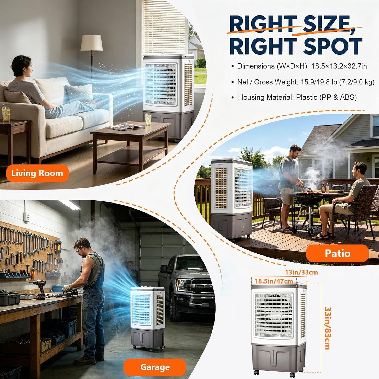 GENERIC Refroidisseur D'air Et Ventilateur 3 En 1, Réservoir De 30 L, Débit D'air De 1 758 CFM, Oscillation à 120°, Roues Lisses à 360°, 3 Vitesses De Ventilateur, For Chambre, Terrasse Et Appartement