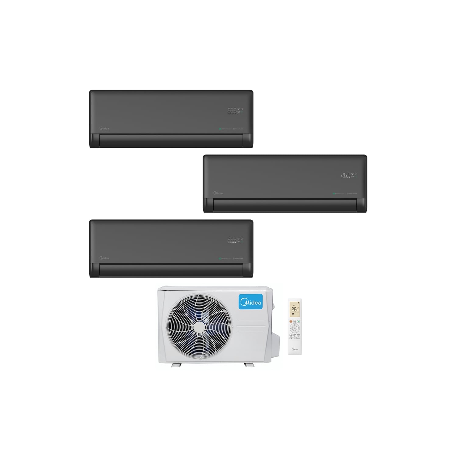  Ensemble Climatiseur Reversible Tri-split 2,6kw + 2,6kw + 2,6kw Mural Connecté Solstice Noir - Midea