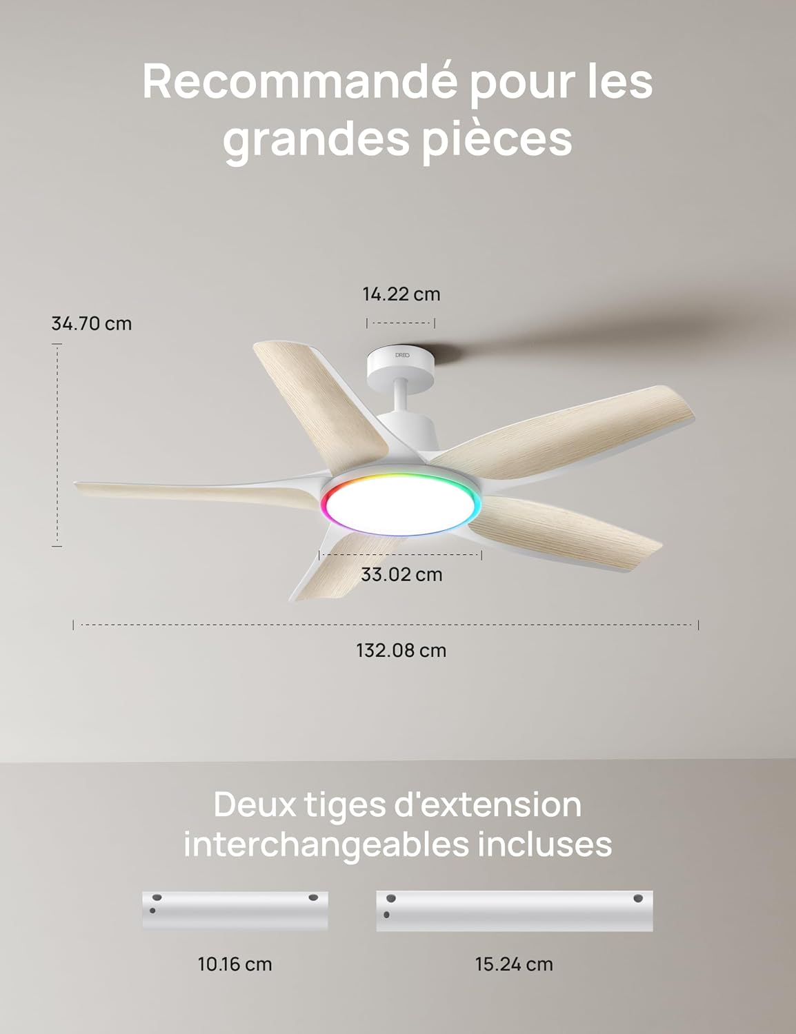  DREO Ventilateur De Plafond Intelligent à Profil Bas Avec Lumière 132 Cm, LED Dimmable à Température De Couleur Réglable, éclairage D’ambiance RGB, Moteur CC Silencieux, Installation Facile, Blanc，APP