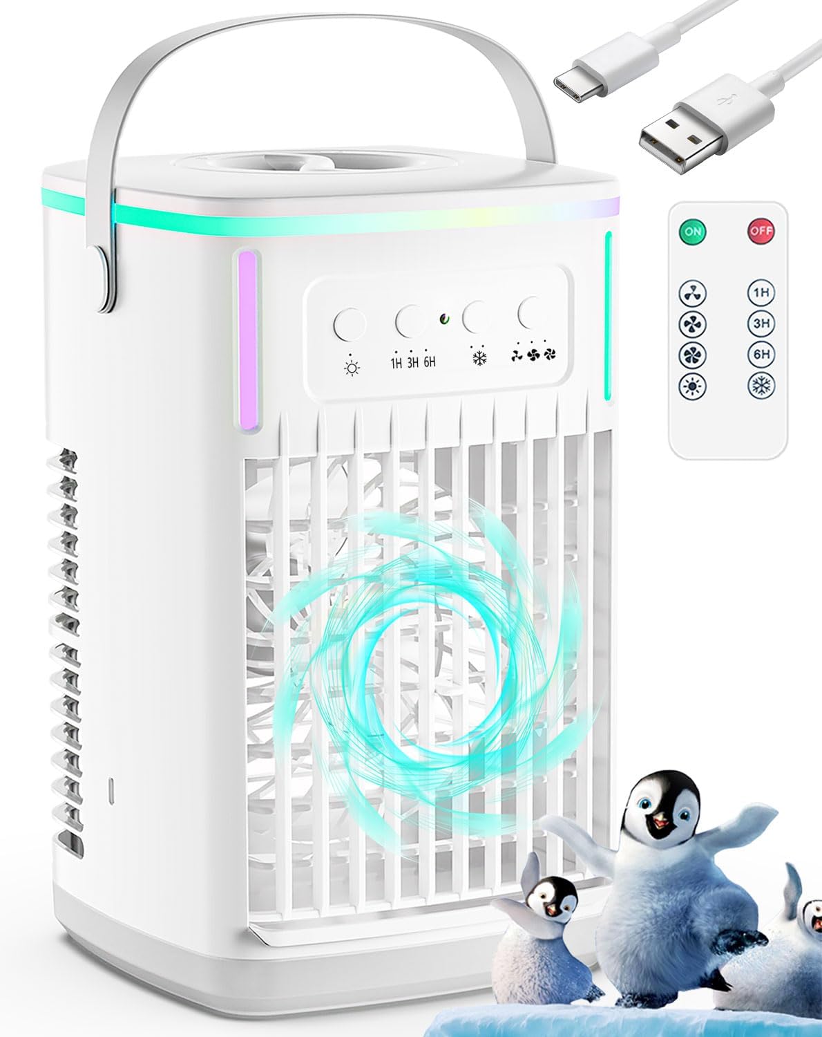  Ventilateur De Climatisation Portable Avec Télécommande, Réservoir De 1500 Ml, Minuterie De 1 à 6 Heures, 3 Vitesses De Vent, Mini Refroidisseur D'air Personnel Avec Humidificateur Pour Chambre