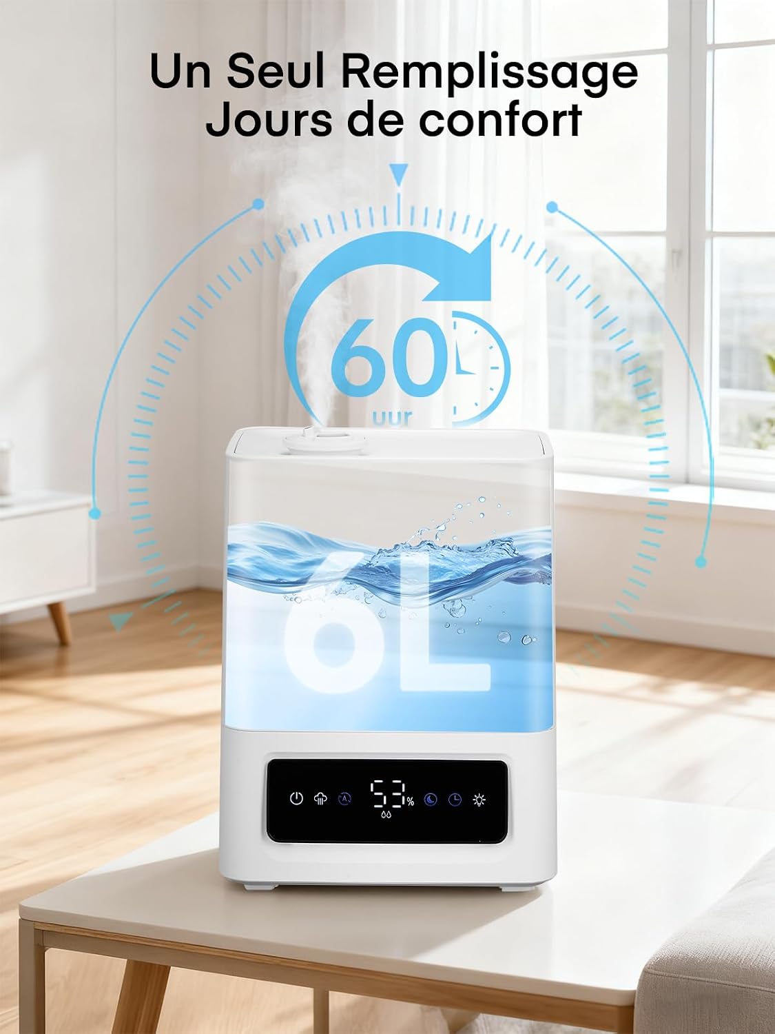  FOHERE Humidificateur D'air Chambre 6L, 60H Fonctionnement, 28dB Ultra-Silencieux, Humidifier Pour Grandes Pièces, Chambre, Bébé, Capteur D'Humidité, Minuterie 16H, Veilleuse, Diffuseur D'Huiles