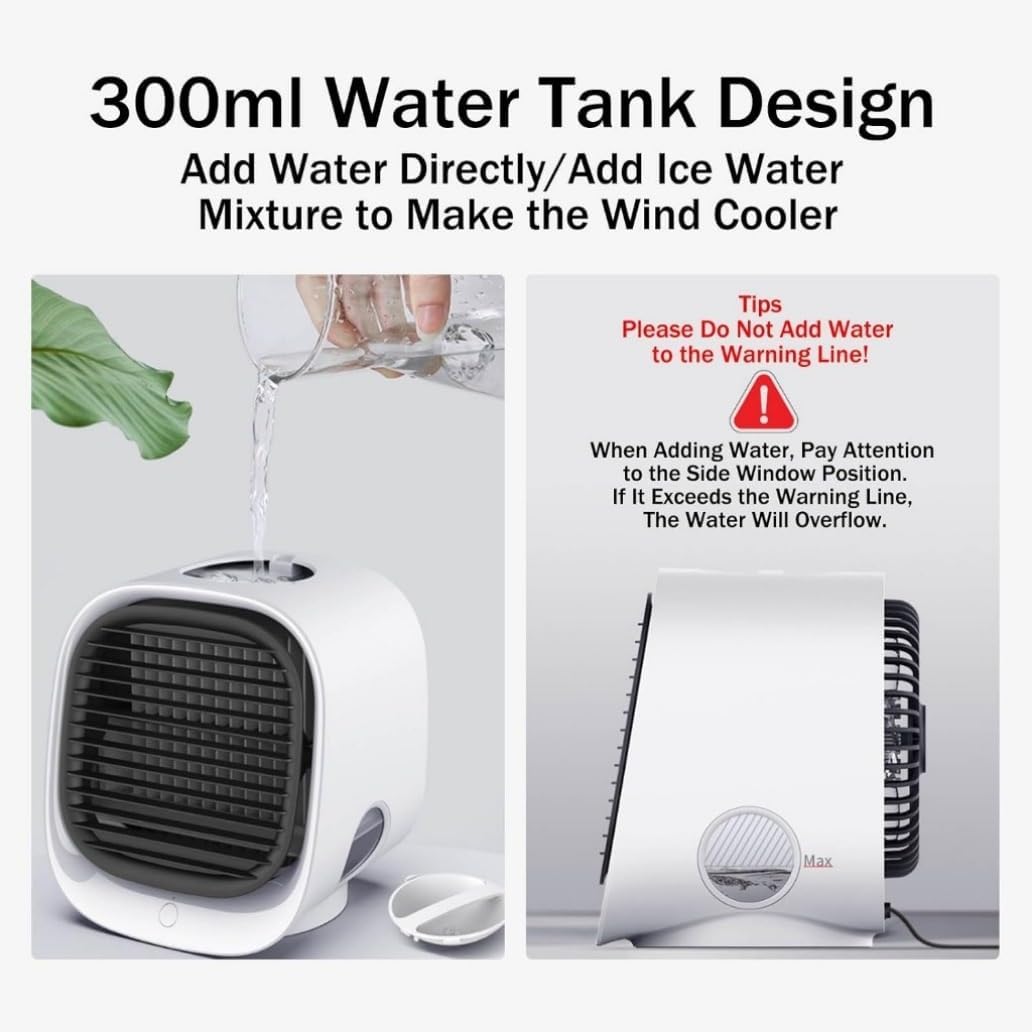  Mini Ventilateur De Climatisation Portable USB, 300 ML Mini Rafraichisseur D'air Avec 3 Vitesses & Veilleuse Colorée