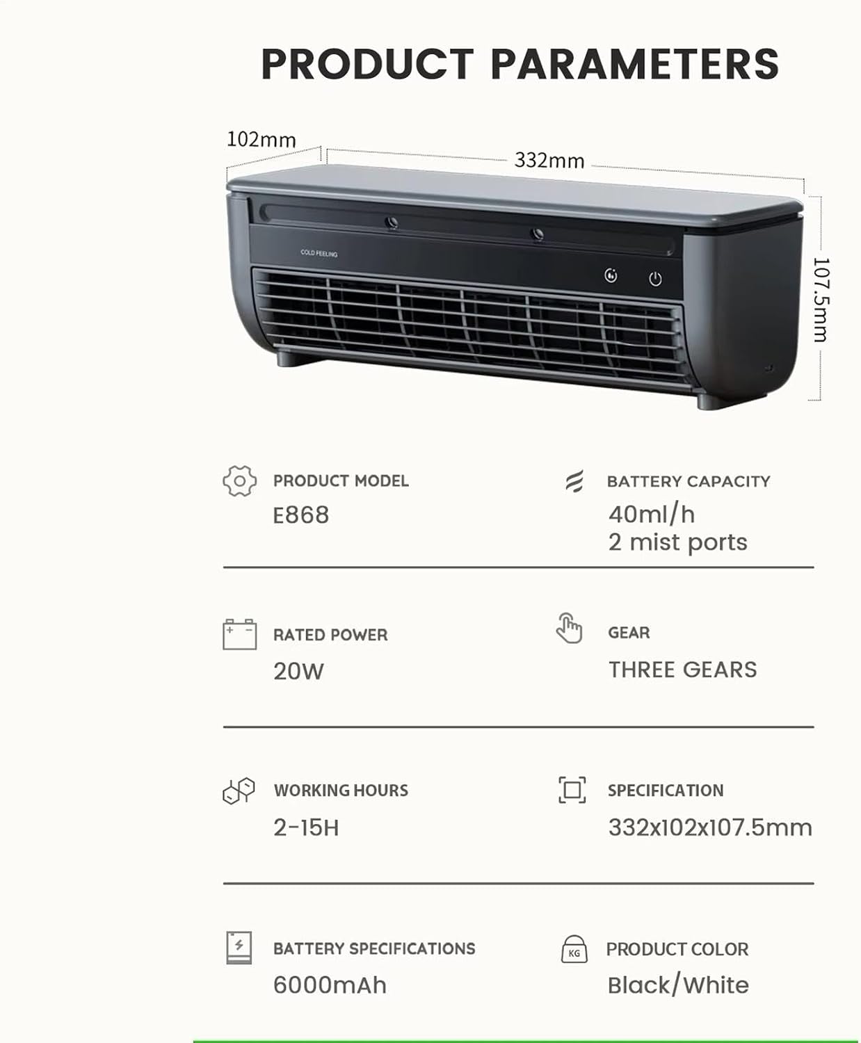  Ventilateur De Climatiseur Dispositif De Ventilateur à Trois Vitesses Avec Refroidisseur De Charge Sans Fil Fonctionnement à Faible Bruit Refroidissement Rapide Niveaux D'humidité équilibrés Pour