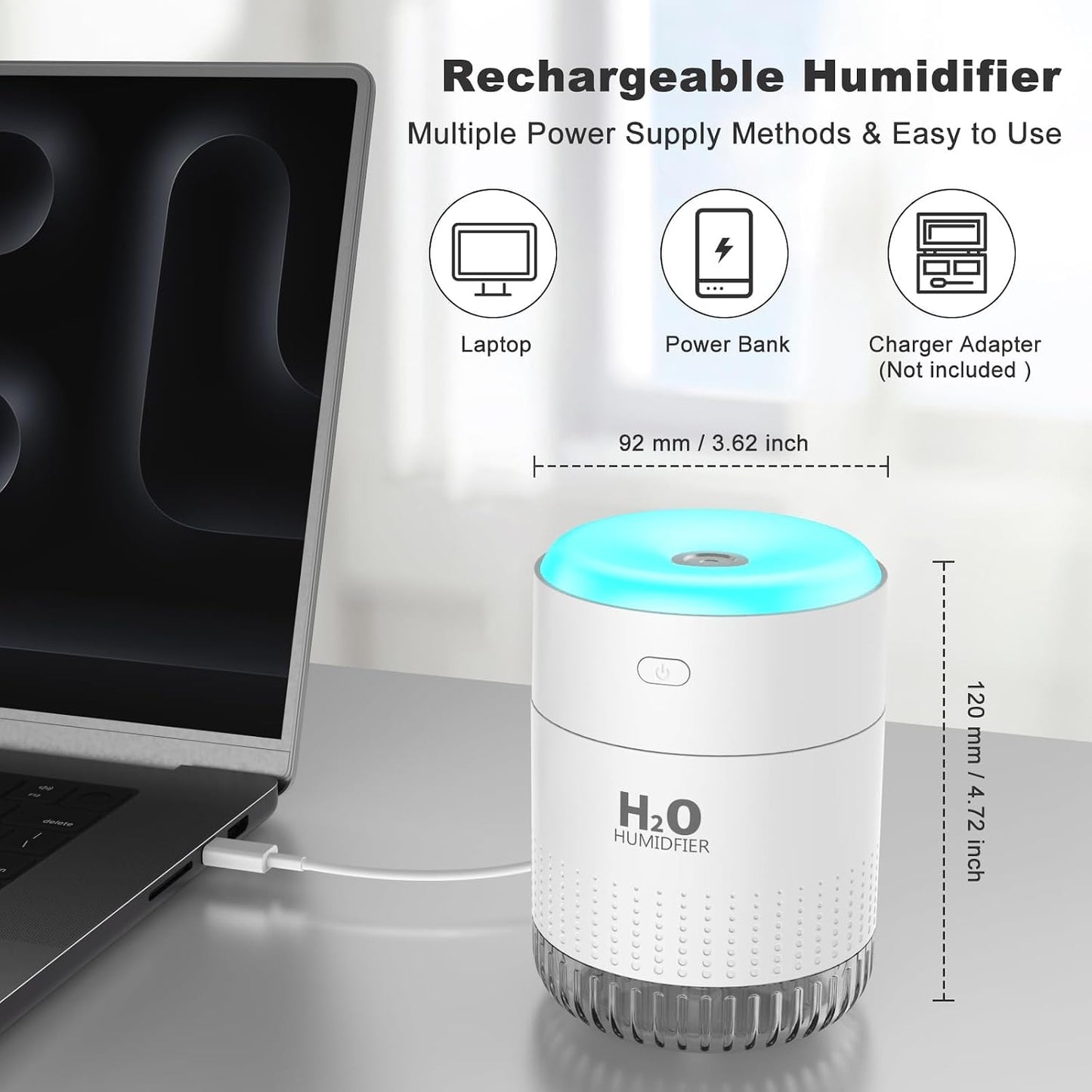  KARFUN Mini Humidificateur,350ml Portable Humidificateur D'air Chambre,Plantes Humidificateur D'air,Desktop Silencieux Mini Humidificateur Avec 7 Couleurs De Lumière,Bureau,Chambre,Voiture, (Blanc)