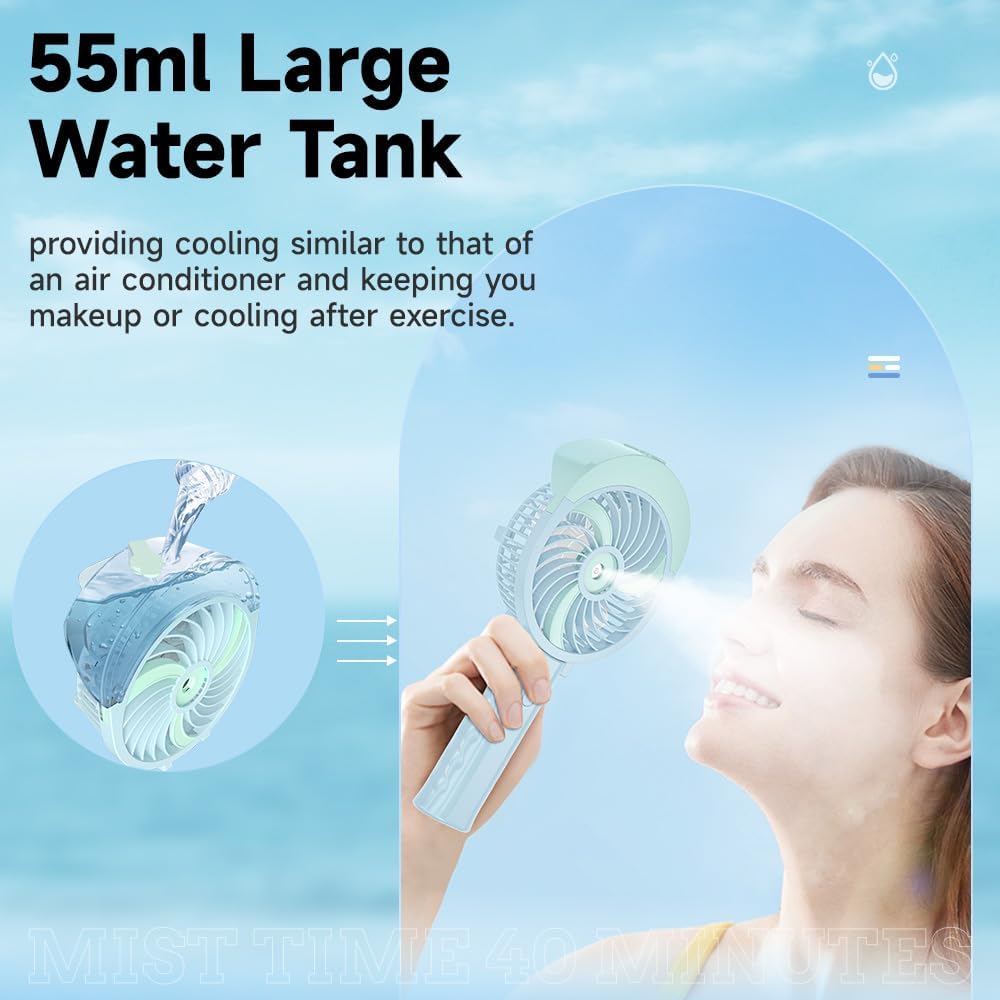  HandFan Ventilateur Brumisateur,Main Ventilateur D’Atomisation, Réservoir D'eau De 55 Ml,Ventilateur De Poche,mini Portatif Ventilateur Pliable USB Rechargeable Refroidisseur Voyage/Camping