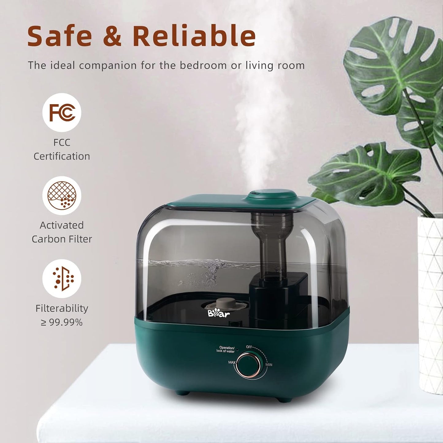  BEAR Humidificateur 5L à Remplissage Par Le Haut, 28 DB Ultra Silencieux Pour Bébés Et Plantes, Fonctionne Jusqu'à 35 Heures, Avec Plateau D'arômes, Buse à Vapeur Rotative à 360°, Arrêt Automatique