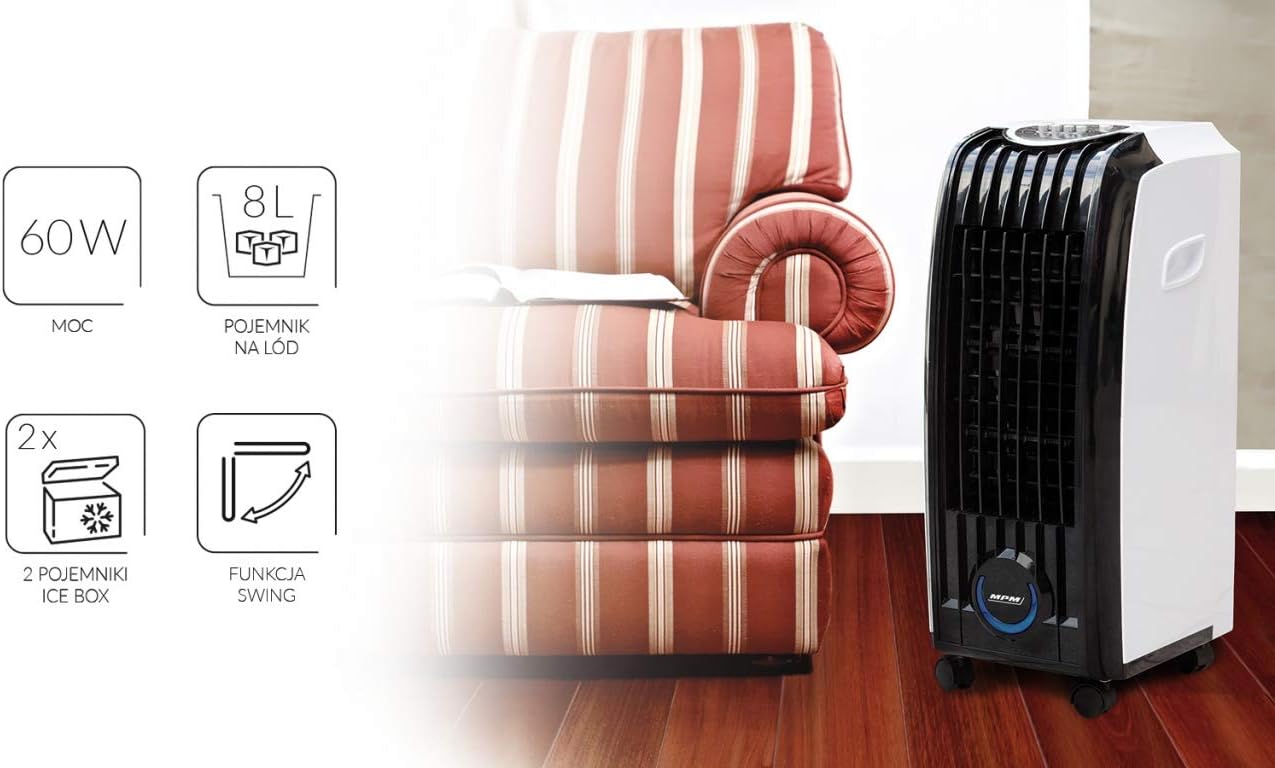  MPM MKL-01 Climatiseur évaporatif Refroidisseur D'air Portable, Oscillant, Fonction Humidificateur, Purificateur D'air, Réservoir 8 L, Tiroir à Glace