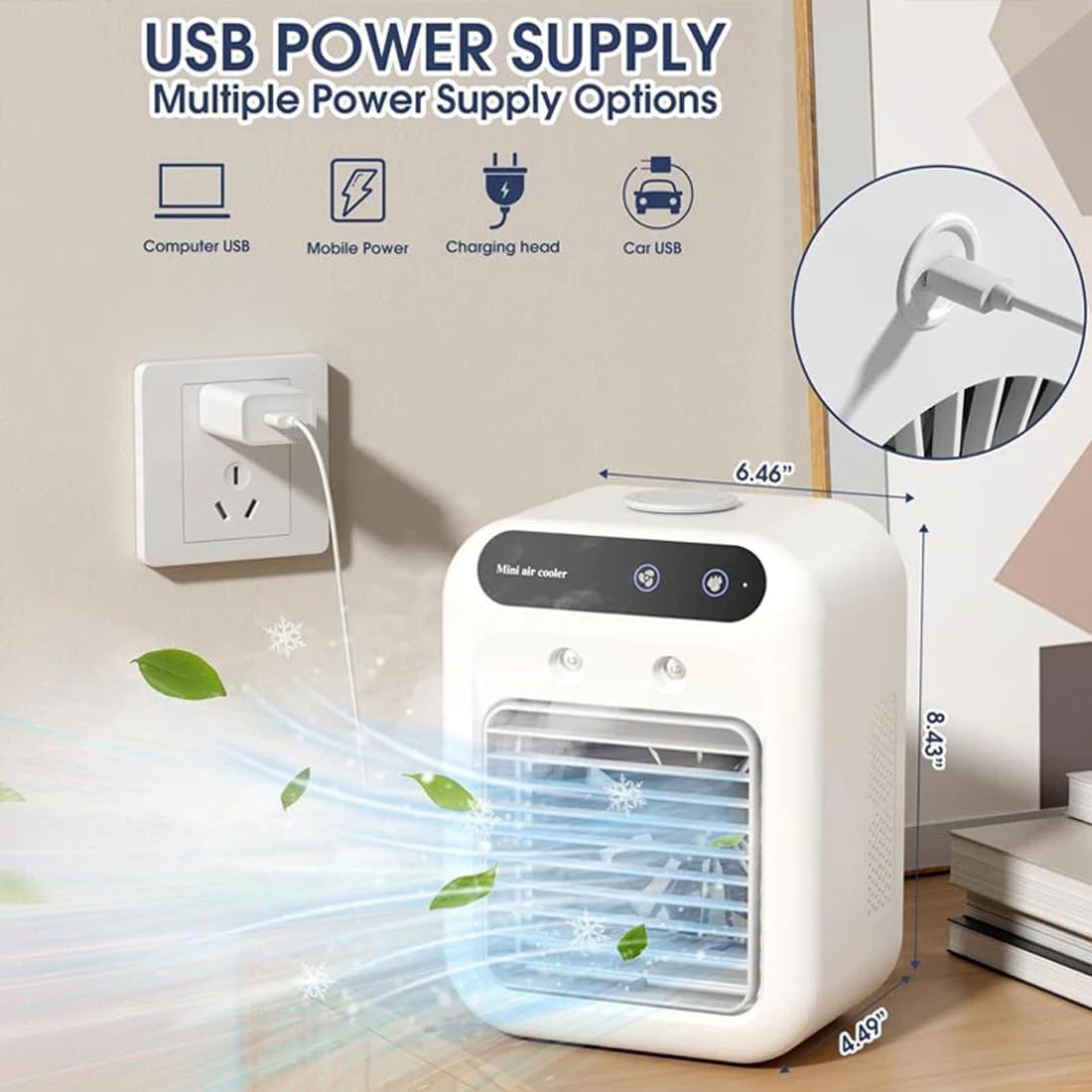  Ventilateur Rafraîchisseur D'air Portable 3 En 1 Rechargeable, Mini Climatiseur Silencieux Pour Bureau, Rafraîchisseur D'air évaporatif Personnel Alimenté Par USB (A)