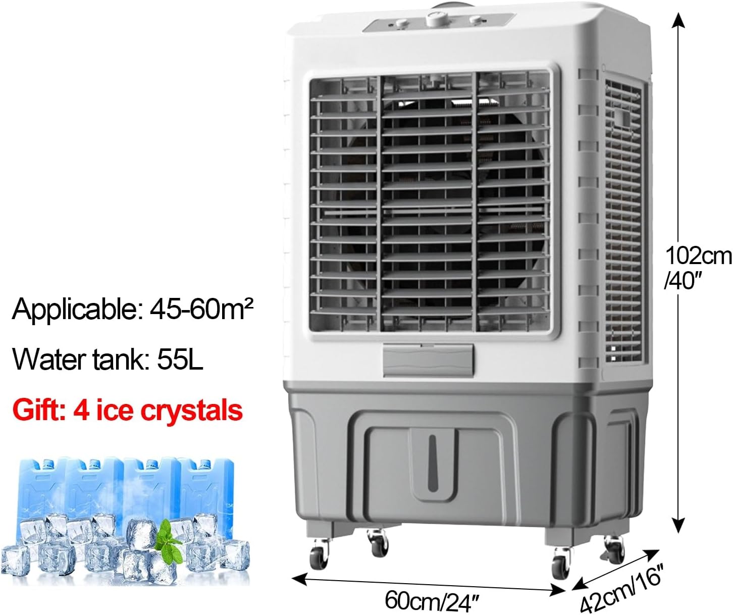  Climatiseur évaporatif Portable Avec Réservoir D'eau De 55 Litres, Oscillation à 120° Et 3 Vitesses Pour Rafraîchir Une Pièce, Une Terrasse Ou Un Garage.