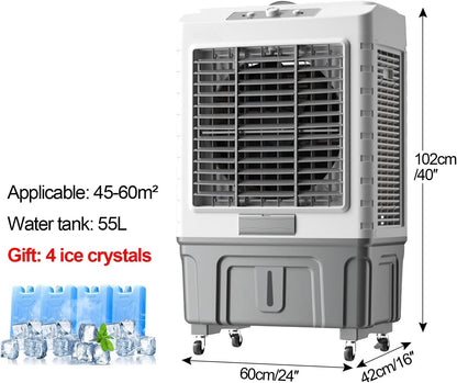  Climatiseur évaporatif Portable Avec Réservoir D'eau De 55 Litres, Oscillation à 120° Et 3 Vitesses Pour Rafraîchir Une Pièce, Une Terrasse Ou Un Garage.