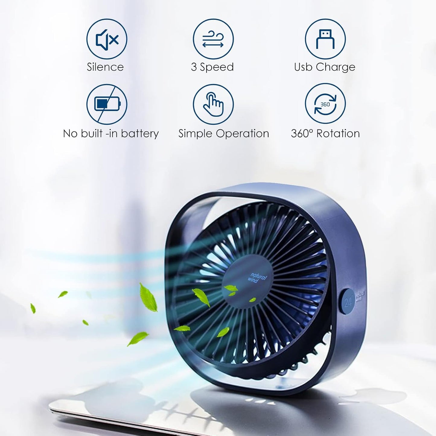  Simpeak Ventilateur USB Mini Ventilateur Portable Silencieux Ventilateur Bureau 3 Vitesses Réglable Alimenté Par USB, Pour Le Maison Et Bureau (Bleu)