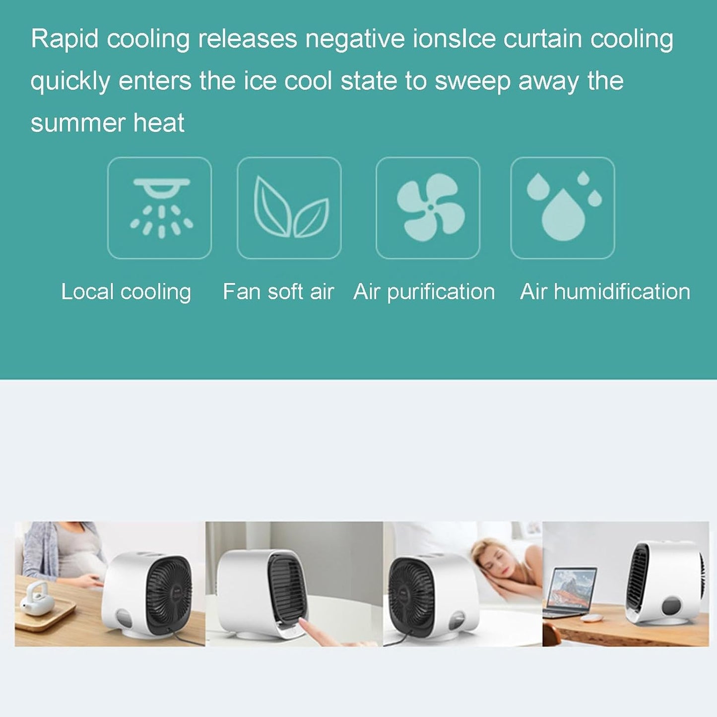  Mini Climatiseur Portable Blanc - Climatiseur Mobile Silencieux Sans Évacuation | 4 En 1 Rafraichisseur D'air & Petit Humidificateur Avec 3 Vitesses, Veilleuse & Rechargeable USB (2PC)