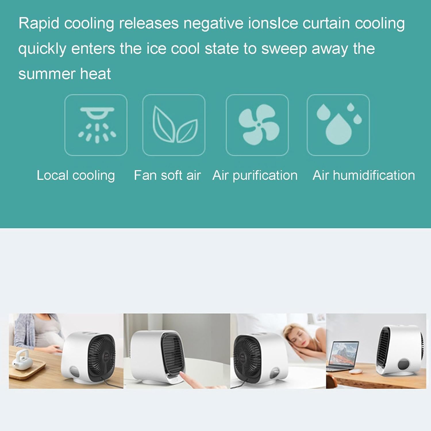  Mini Climatiseur Portable Blanc - Climatiseur Mobile Silencieux Sans Évacuation | 4 En 1 Rafraichisseur D'air & Petit Humidificateur Avec 3 Vitesses, Veilleuse & Rechargeable USB (2PC)