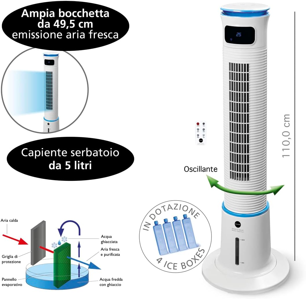  MACOM Enjoy & Relax 985 Breeze Tower Plus Refroidisseur D'évaporation, 5 Litres, Plastique