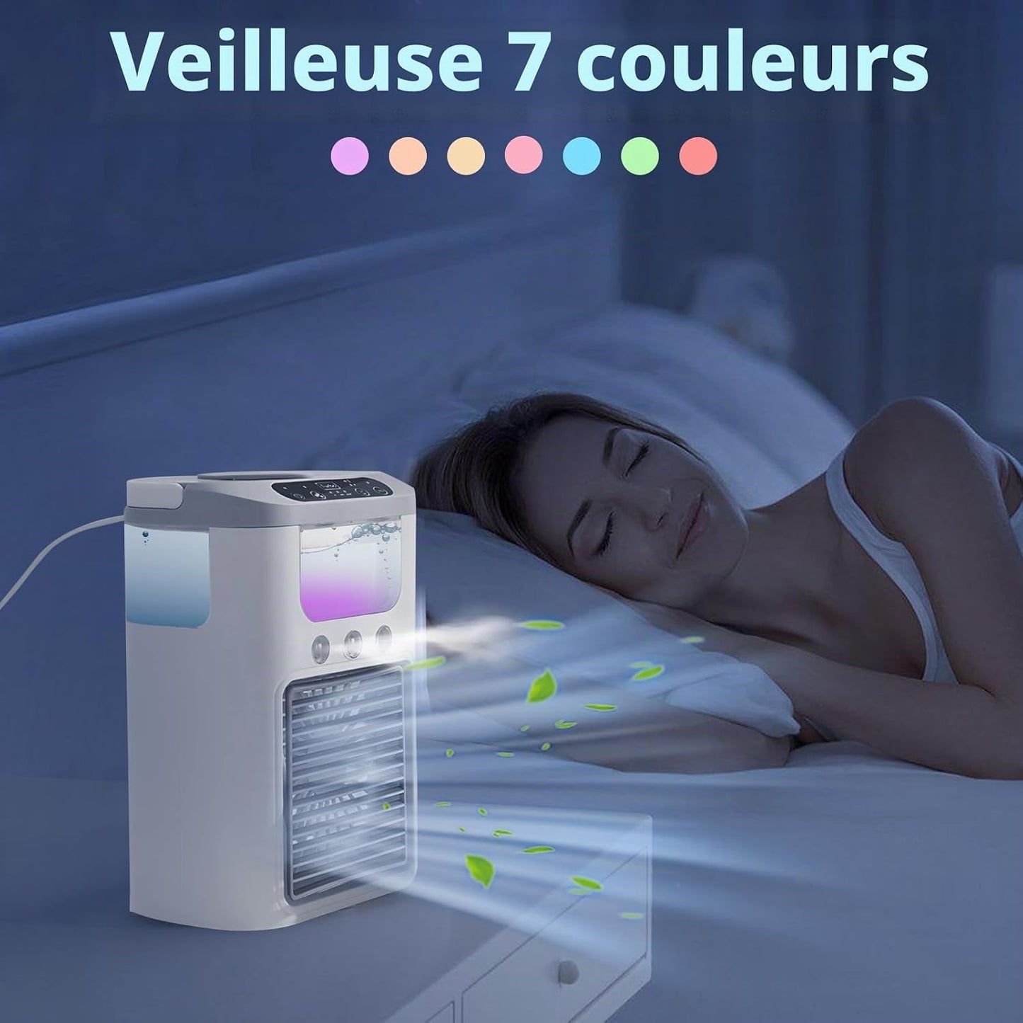  Climatisation Petit Climatiseur Mobile Portable Avec Batterie, Veilleuse 4 En 1 7 Couleurs, 3 Vitesses Et 3 Modes De Brouillard