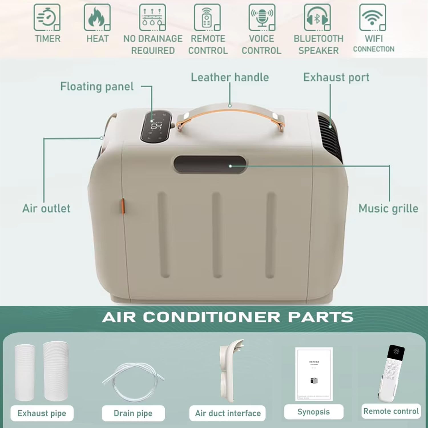  Climatiseur Portable 4800BTU, Silencieux ≤40dB, Refroidissement & Chauffage 16-32°C, Compresseur Intégré,Coque ABS Durable, Pour Tente Camping-Car Caravane Fourgon Cooling&Heating