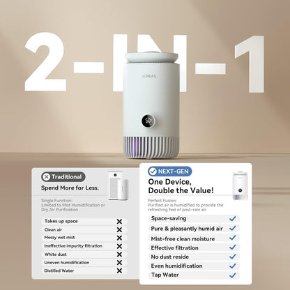  Humidificateur D'air 2-en-1 Avec Purificateur – Performance D'humidification Hygiénique Pour Pièce Jusqu'à 20 M², Réservoir 3L, 400 Ml/h – Filtre HEPA NanoProtect + Filtre à Charbon Actif