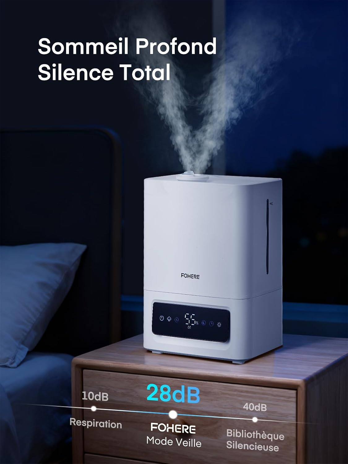  FOHERE Humidificateur D'air Chambre 6L, 60H Fonctionnement, 28dB Ultra-Silencieux, Humidifier Pour Grandes Pièces, Chambre, Bébé, Capteur D'Humidité, Minuterie 16H, Veilleuse, Diffuseur D'Huiles