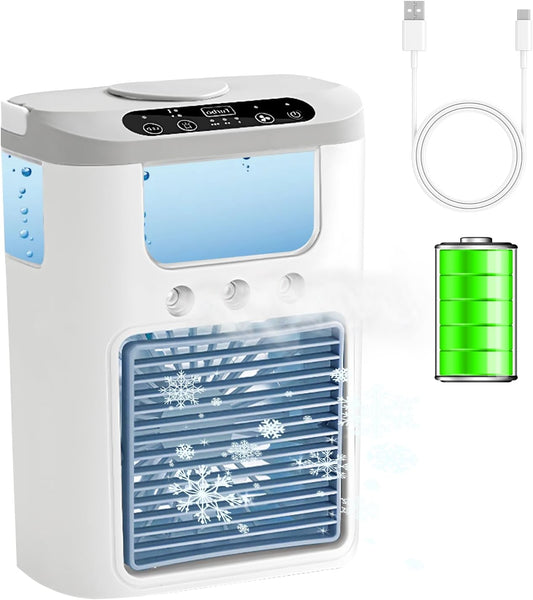  Climatisation Petit Climatiseur Mobile Portable Avec Batterie, Veilleuse 4 En 1 7 Couleurs, 3 Vitesses Et 3 Modes De Brouillard