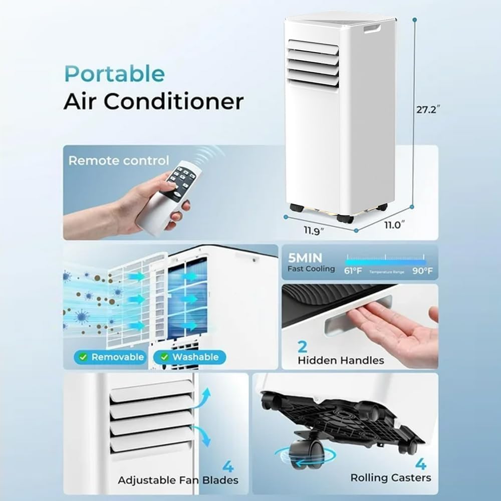  Climatiseur Portable 10 000 BTU Pour 450 Pieds Carrés, Unité AC 3 En 1 Avec Télécommande Et écran LED, Refroidissement Silencieux, Ventilateur, Déshumidificateur, Kit Fenêtre