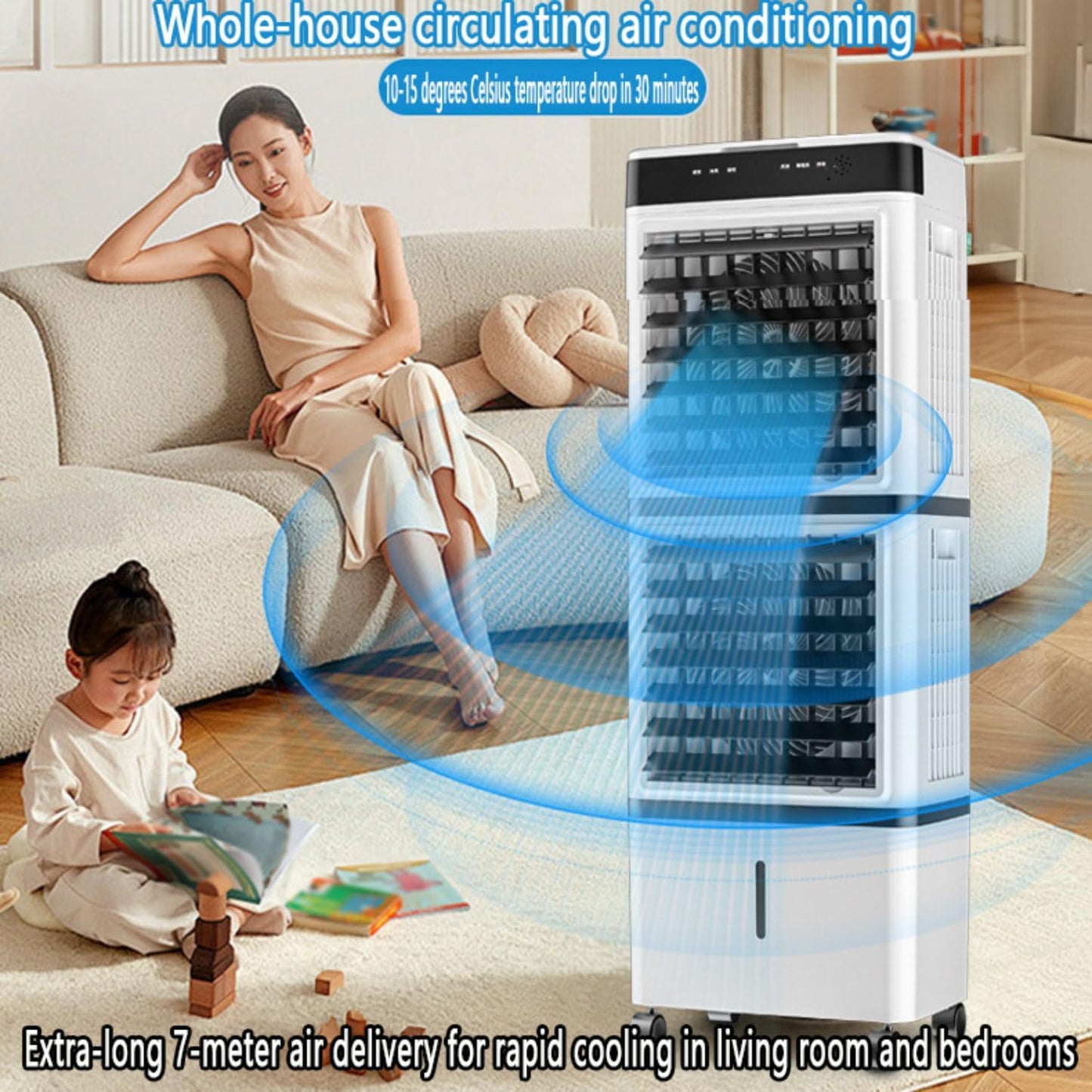  Rafraîchisseur D'air évaporatif Climatiseur Mobile Portable Ventilateur Refroidisseur D'air Avec Réservoir 14L 90°Oscillation Écran Digital Télécommande Minuterie 12h 3 Vitesses Et Modes