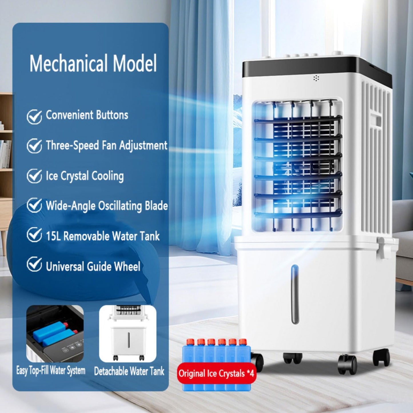  Climatiseur Portable Mobile 15 L 75 W, Refroidisseur D'air Par évaporation Avec Réservoir D'eau Amovible, Minuterie 15 H, 3 Modes Et 3 Vitesses, 40 DB, Ventilateur De Refroidissement Pour La Maison