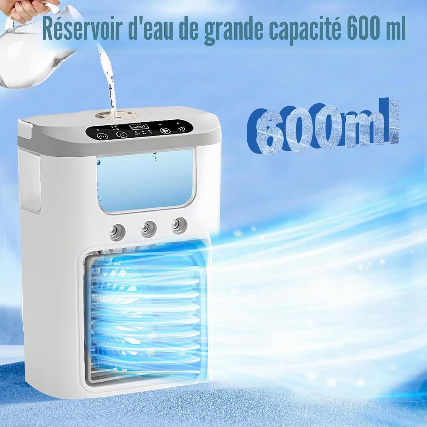 Climatisation Petit Climatiseur Mobile Portable Avec Batterie, Veilleuse 4 En 1 7 Couleurs, 3 Vitesses Et 3 Modes De Brouillard