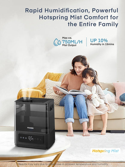 FOHERE 6L Humidificateur à Brume Froide Et Chaude De Pour La Maison, Humidificateur Ultrasonique Avec Remplissage Par Le Haut Pour Les Bébés, Les Enfants, Diffuseur D'huile, Mode Sommeil, Minuterie