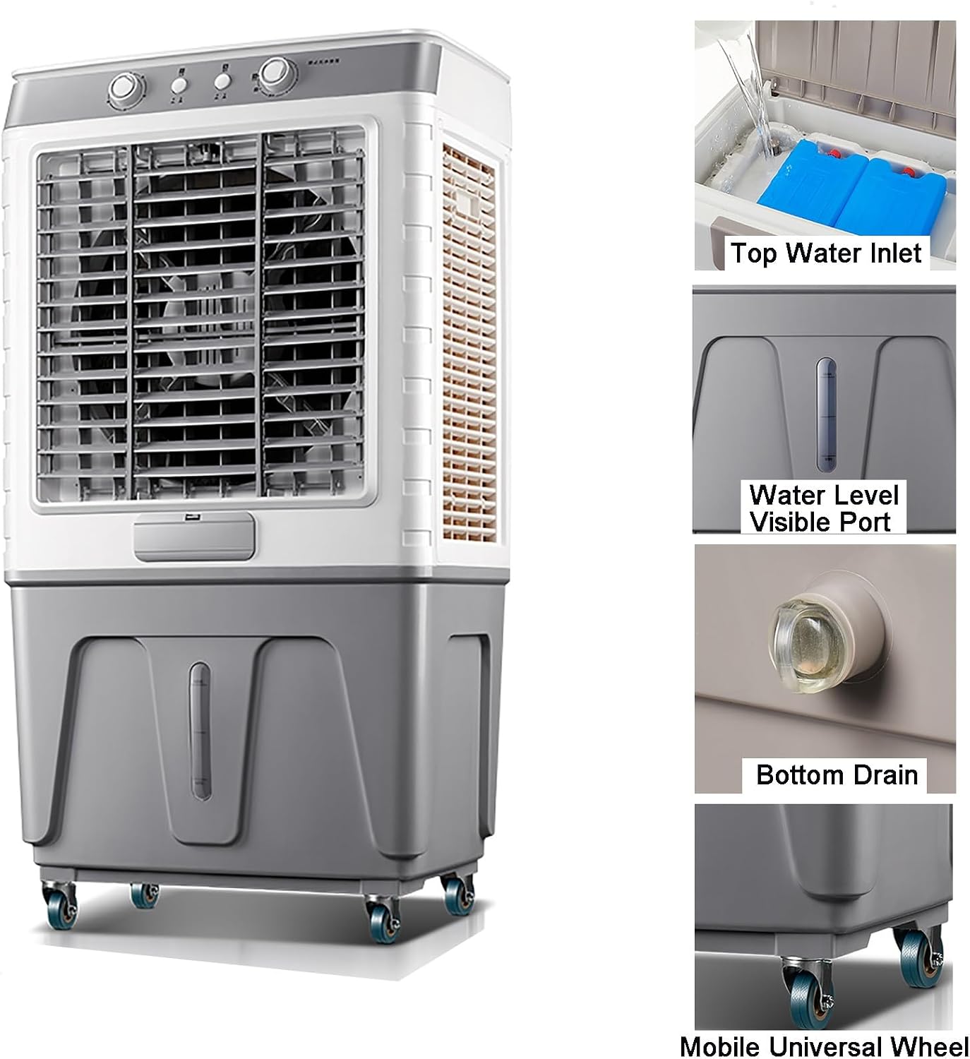 GENERIC Refroidisseur D'évaporation Portable, Ventilateur De Climatiseur à 3 Vitesses Avec Packs De Glace Pour L'intérieur De L'extérieur, Humidificateur De Grande Capacité Avec Oscillation Large Et Conceptio