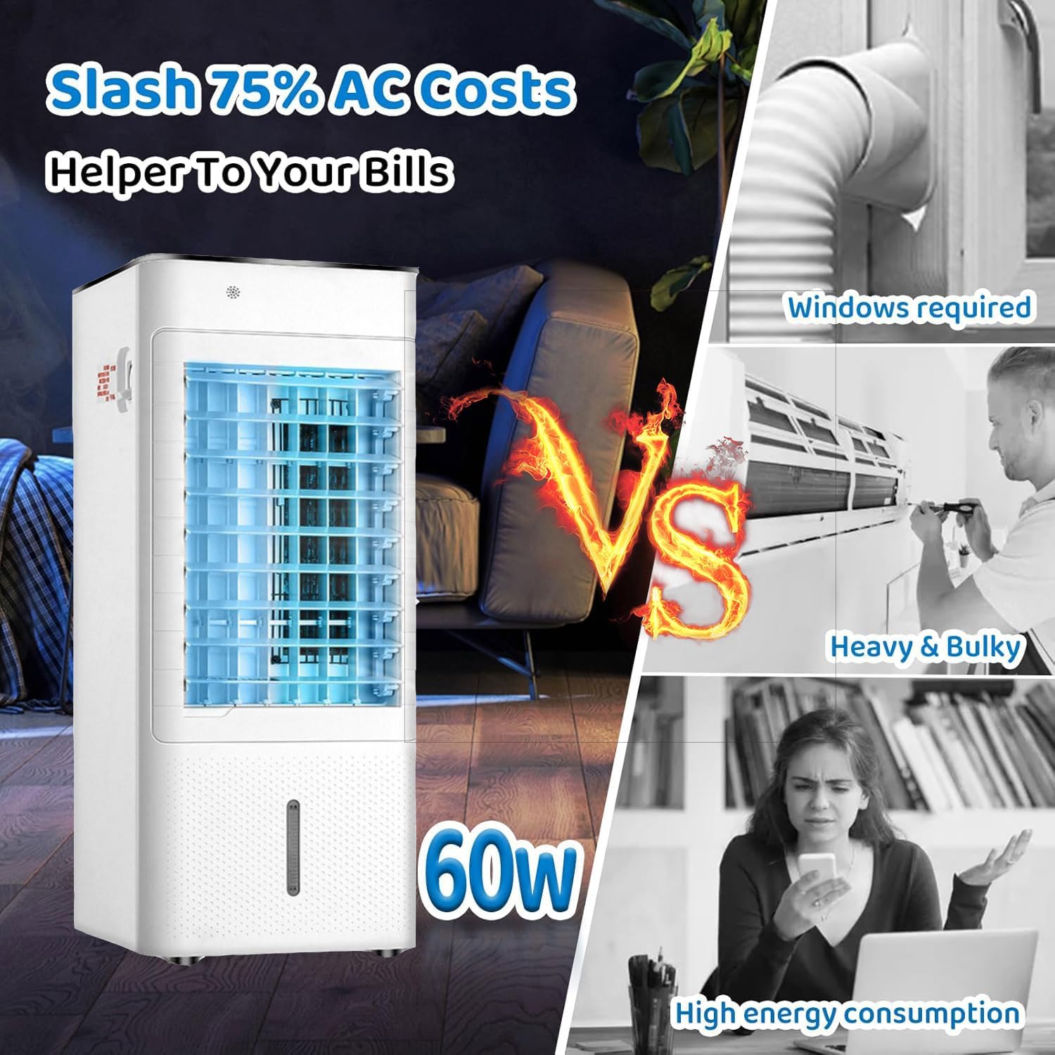 GENERIC Refroidisseur D'air Portable, 3 En 1 AC évaporatif Avec Télécommande, 60W économiseur D'énergie, Oscillation à 90 °, Humidificateur Silencieux Pour Bureau à Coucher, 4 Roues Facile à Déplacer, Pas De