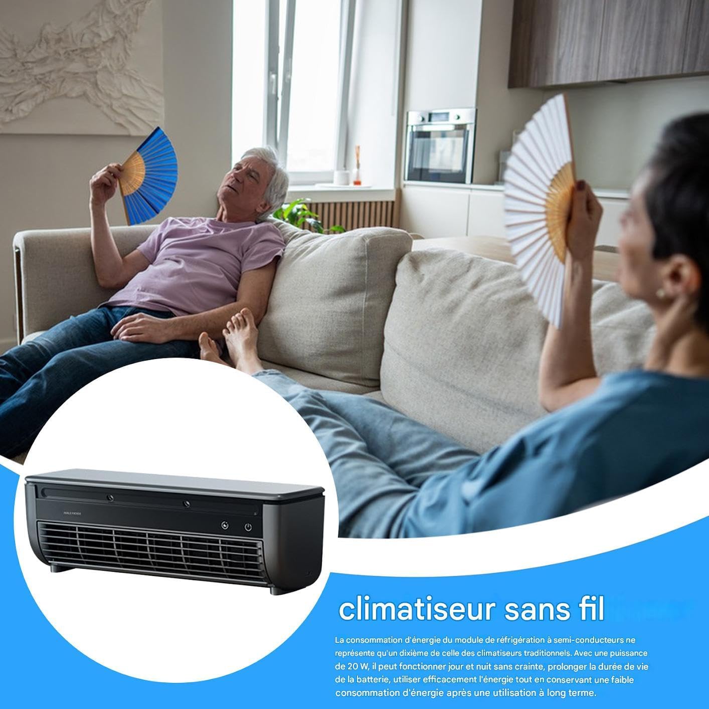  Ventilateur Avec Climatiseur - Ventilateur Rafraîchisseur D'Air, 3 Vitesses Avec Chargeur Sans Fil Pour Cuisine Maison Bureau Extérieur Dortoir Camping-Car