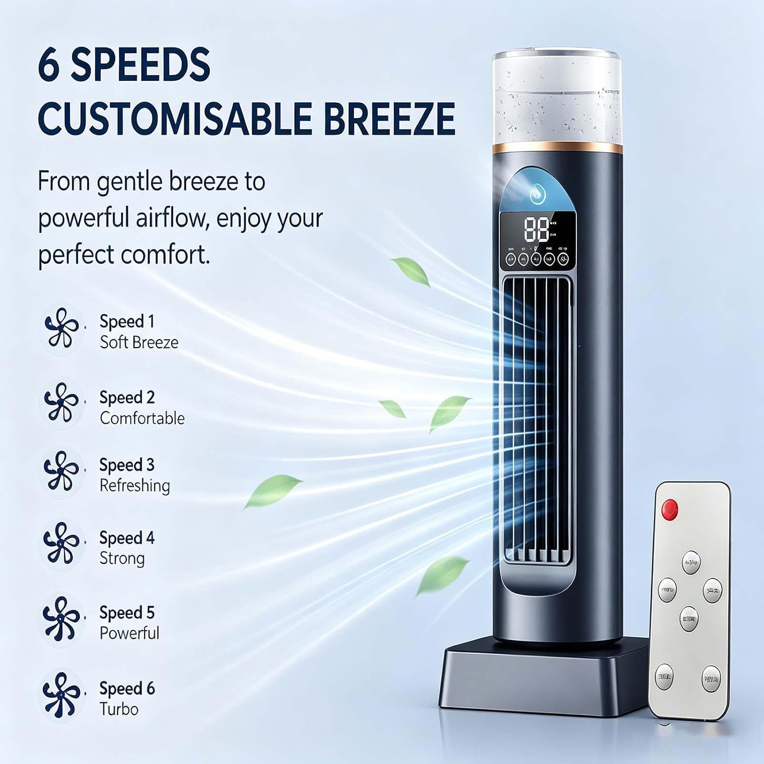 GENERIC Ventilateur Portable à Refroidissement Par Eau, Rafraîchisseur D'air Par évaporation Avec Télécommande Et Réservoir D'eau De 230 Ml, Silencieux, 6 Vitesses Et Minuterie 6 H, Ventilateur Tour White
