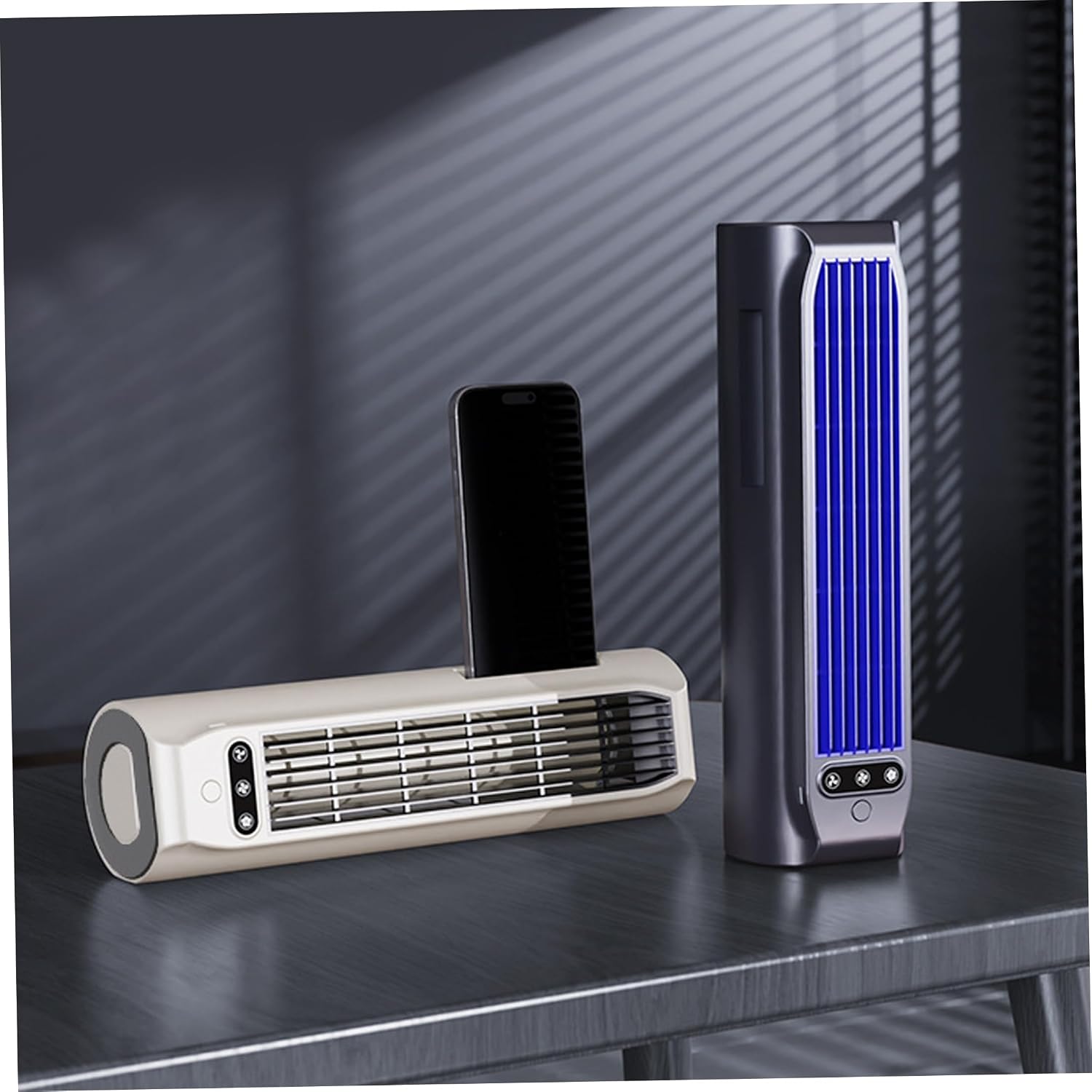  Lot De 2 Climatiseurs Sans Fil, Petit Ventilateur Tour Rechargeable Par USB à 3 Vitesses, Ventilateur De Refroidissement Sur Pied, Mural Et Couché Avec Support Téléphone Pour La Maison Et Le Burea