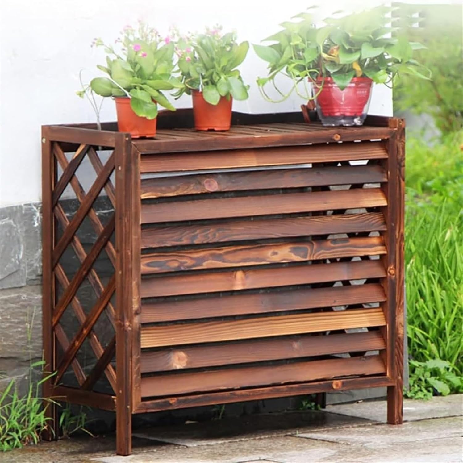 GENERIC Housse En Bois Marron Pour Climatiseur Avec Persiennes - Conteneur à Condensateur Caché Pour L'extérieur - Facile à Installer - Résistant Aux Intempéries