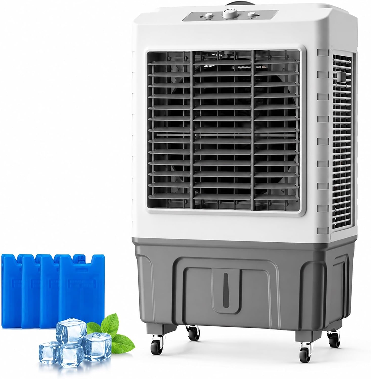  Refroidisseur D’air Évaporatif Portable 55L, Swamp Cooler Avec 3 Vitesses De Refroidissement, Oscillation 120°, 8 Packs De Glace, Climatiseur Pour Chambre Bureau Garage