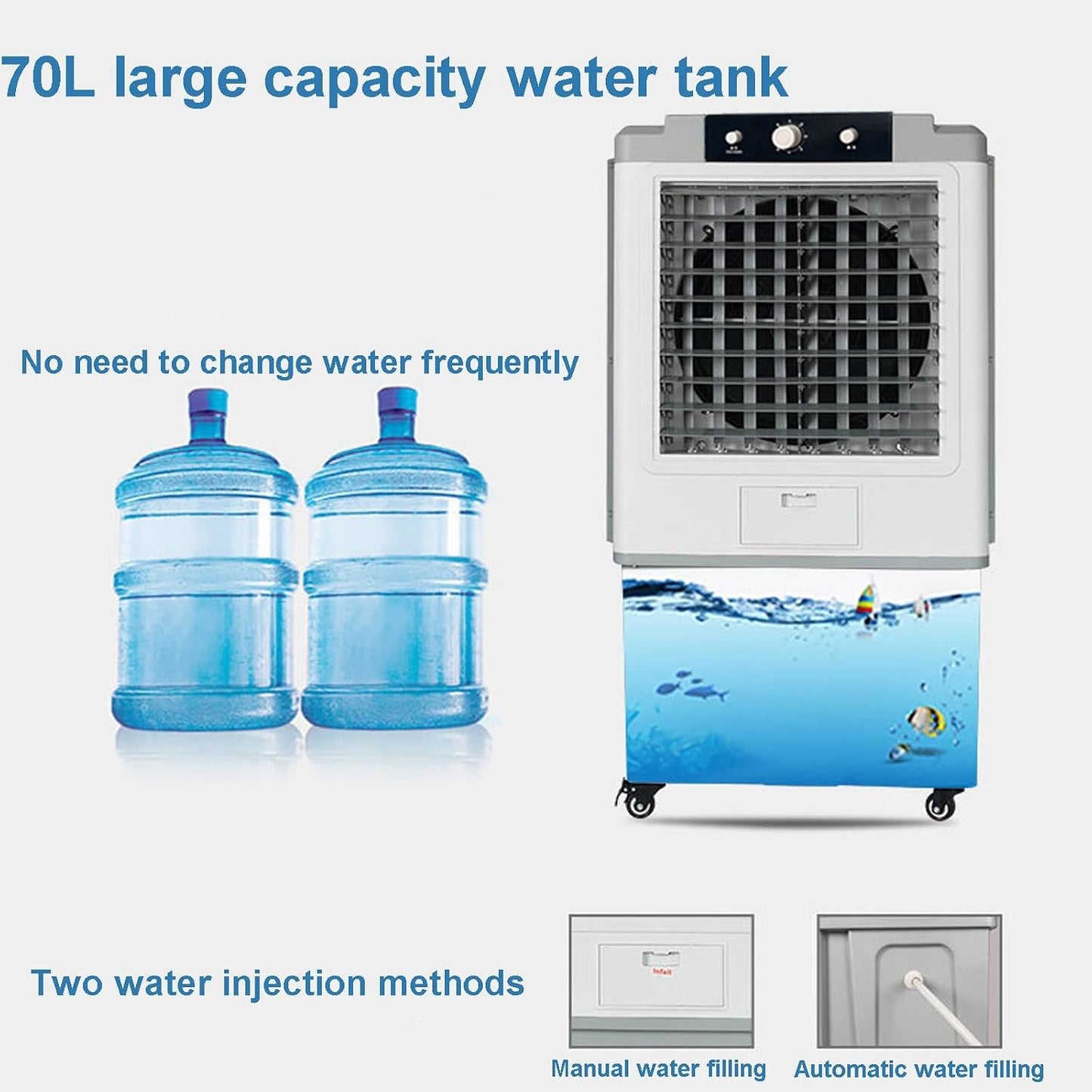GENERIC Refroidisseur D'air Portable 70L Avec Rideaux De Glace, Refroidisseur D'évaporation 3-en-1 Et Humidiificateur Pour L'intérieur Extérieur, Unité De Refroidissement Pitoyable Et Tranquille Sur Les Roues