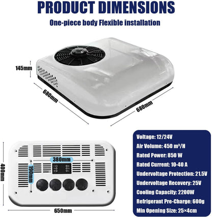  Climatiseur De Toit Pour Camping-cars, 12 V/24 V, Puissance De Refroidissement De 2 200 W, Contrôle Intelligent De La Température, Fonctionnement Silencieux, Large Diffusion D'air, Comprend L'unité