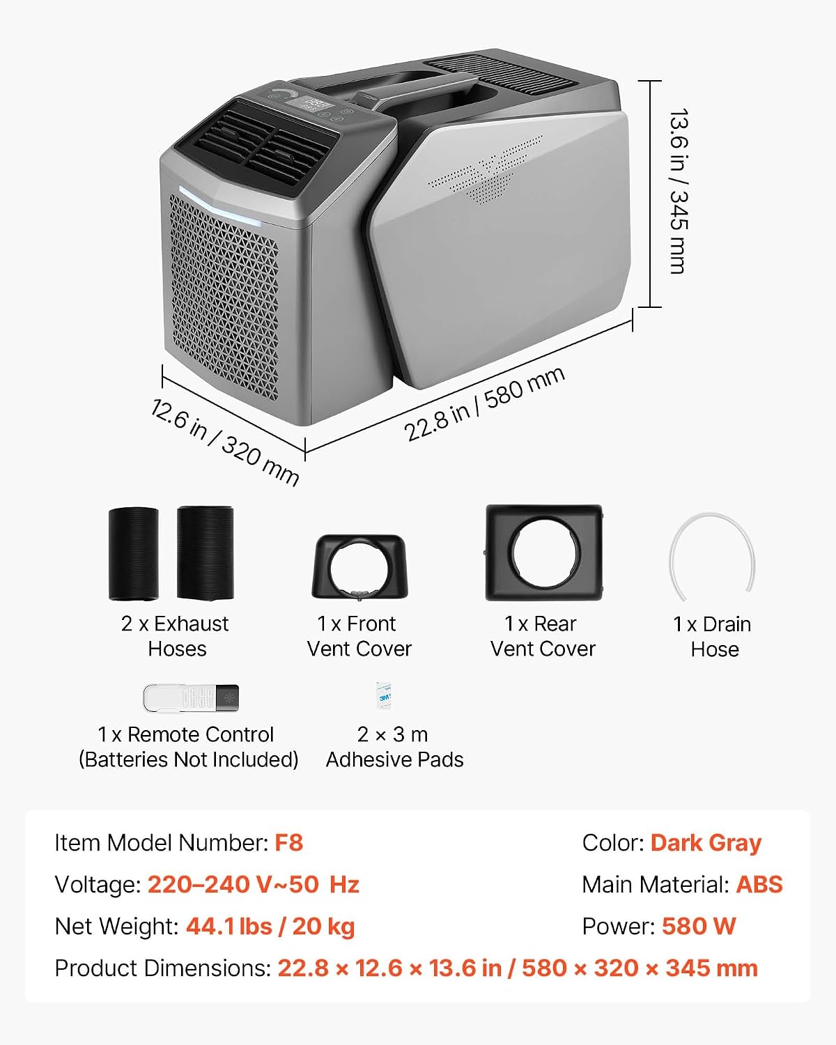  VEVOR Climatiseur Portable Pour Camping 4850 BTU, Climatiseur Mobile Split à Double Tuyau Pour Tente Et Camping-car, Avec Télécommande, Température Réglable 16-32 ℃, Débit D'Air 200 M³/h, Gris Foncé