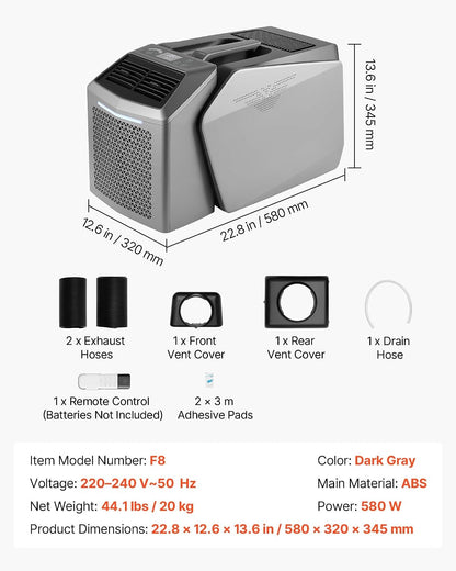  VEVOR Climatiseur Portable Pour Camping 4850 BTU, Climatiseur Mobile Split à Double Tuyau Pour Tente Et Camping-car, Avec Télécommande, Température Réglable 16-32 ℃, Débit D'Air 200 M³/h, Gris Foncé