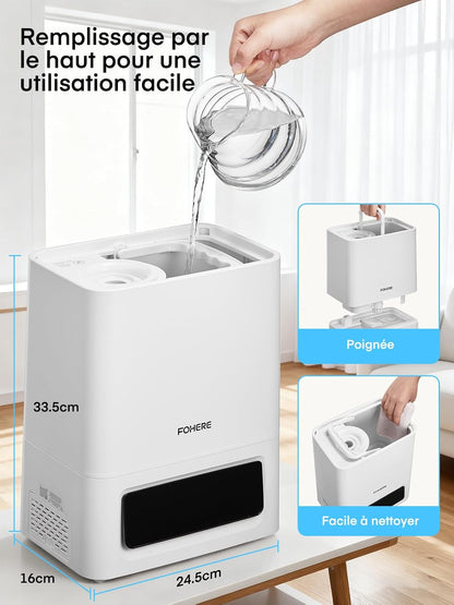  FOHERE Humidificateur D'air Chambre 6L, 60H Fonctionnement, 28dB Ultra-Silencieux, Humidifier Pour Grandes Pièces, Chambre, Bébé, Capteur D'Humidité, Minuterie 16H, Veilleuse, Diffuseur D'Huiles