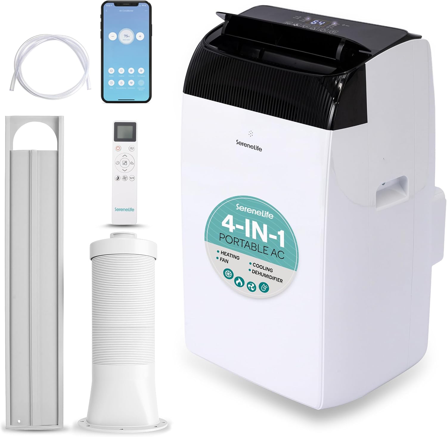  SereneLife Climatiseur Avec Tuyau D'évacuation - Mobile - Wi-Fi 14000 BTU - 3 En 1 - Refroidissement Et Déshumidification - Climatiseur Avec Kit De Fenêtre - Affichage LED - Mode Silencieux Et Veille