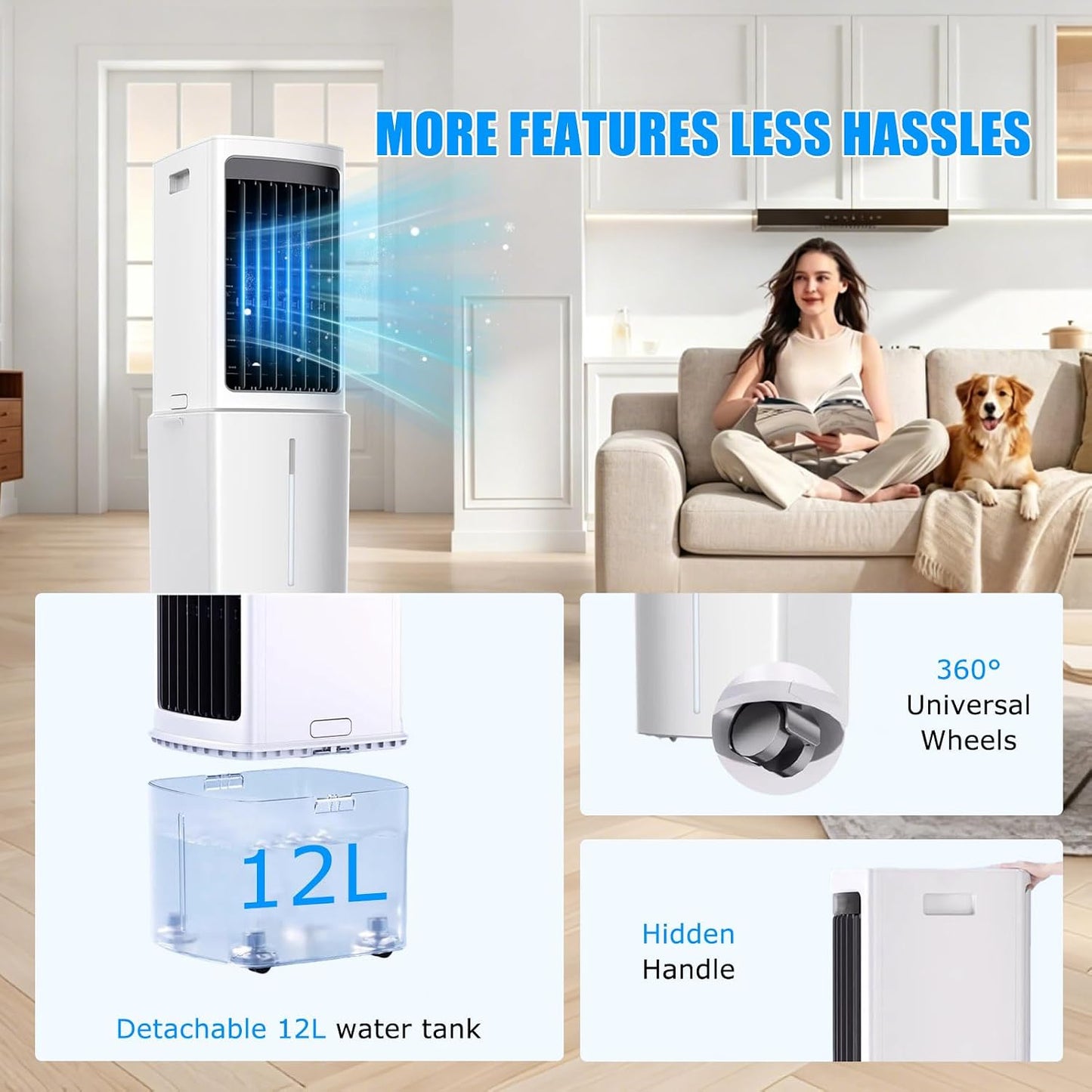  Refroidisseur D'air évaporatif Portable 40 L Avec Télécommande, Climatiseur Mobile Avec Minuterie 7,5 H, 3 Modes Et 3 Vitesses, Ventilateur Climatiseur Roulant Pour La Maison, Le Bureau Ou La Chambre,