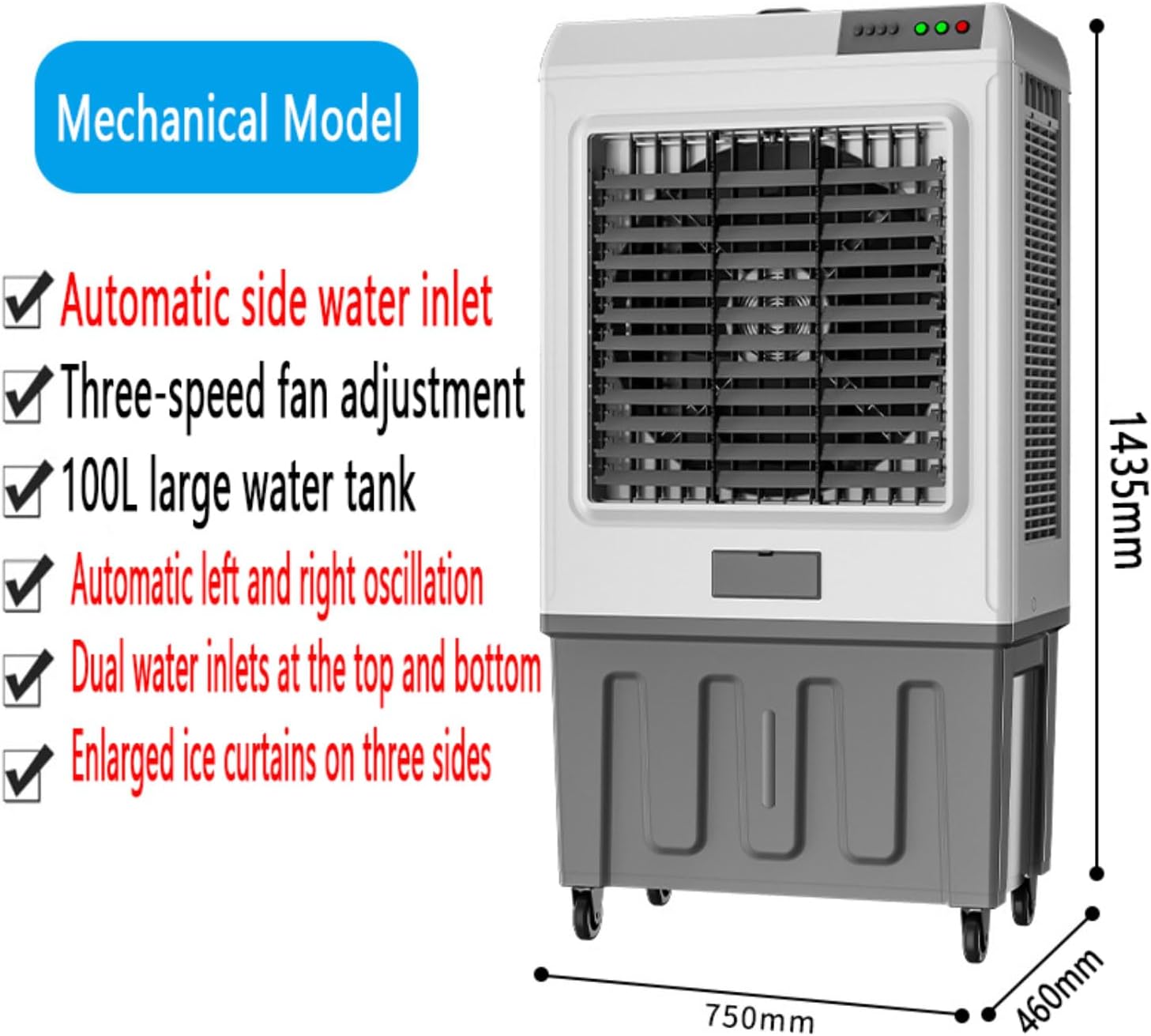 GENERIC Climatiseur Portable De Refroidisseur D'air évaporatif Avec 3 Vitesses 90°Oscillation 2 Ice Packs 100L Refroidisseur De Réservoir D'eau Portable Climatiseur Énergie-Sauvé Échange Ventilateur De Refroi