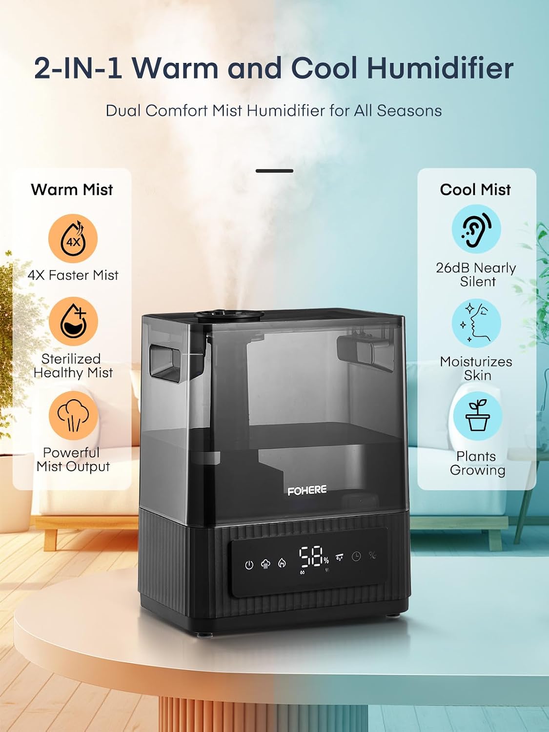  FOHERE 6L Humidificateur à Brume Froide Et Chaude De Pour La Maison, Humidificateur Ultrasonique Avec Remplissage Par Le Haut Pour Les Bébés, Les Enfants, Diffuseur D'huile, Mode Sommeil, Minuterie